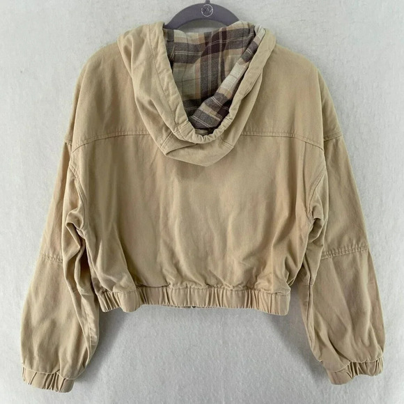 Forever 21 Jacket Womens Sz S Beige Full-Zip Flannel Lined Hooded Bomber Cropped - Picture 2 of 9
